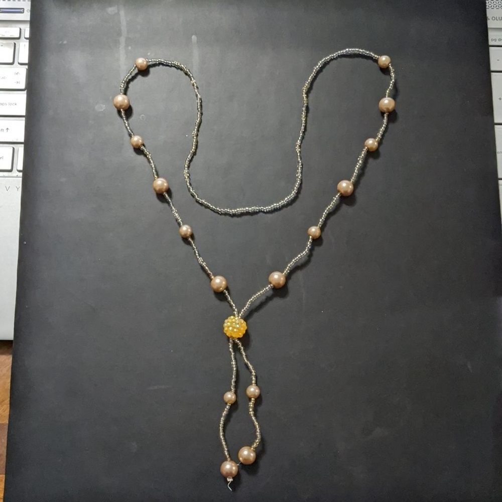 Brown Beige Tan Beaded and Faux Pearl Y Shape Statement Necklace